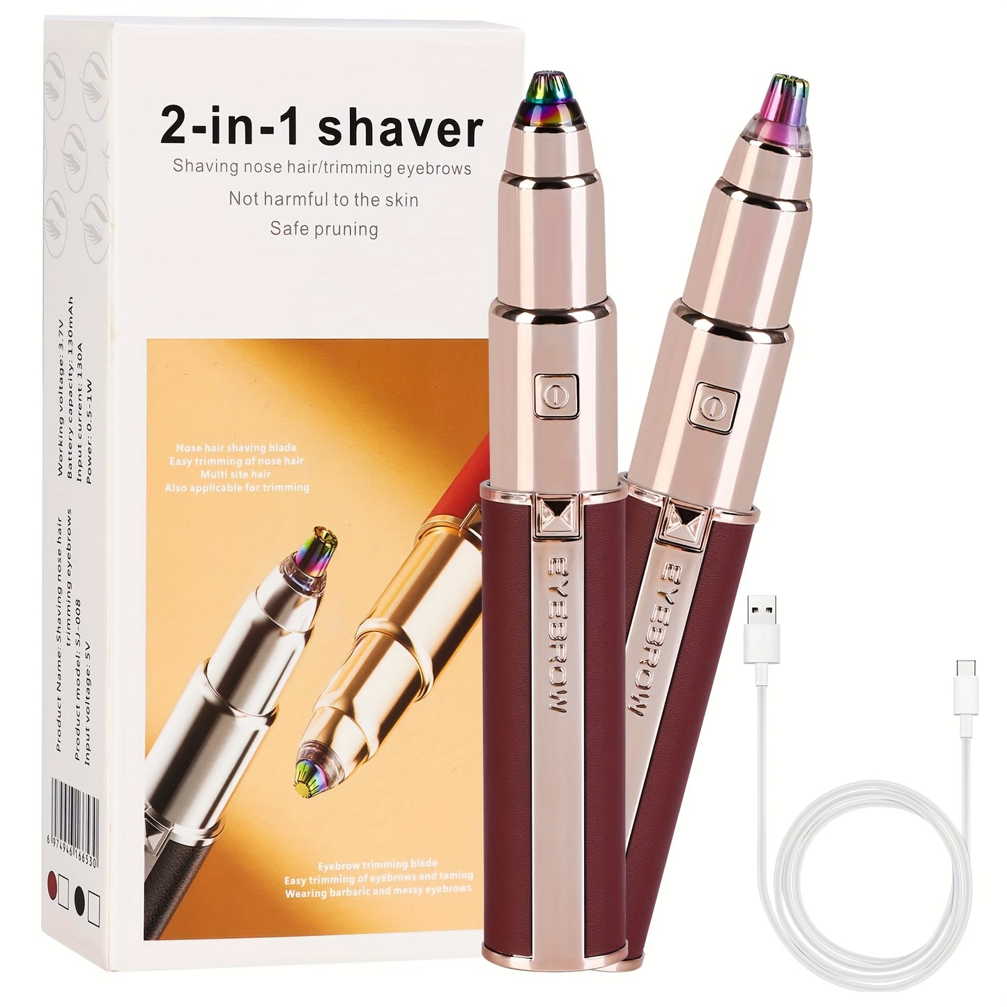 A 2-In-1 Electric Eyebrow And Nose Hair Trimmer, Rechargeable Via USB, Multifunctional Hair Removal Tool, Professional Automatic Eyebrow Pencil, Lipstick Design, a Holiday Gift for Women, Back-To-School Present.