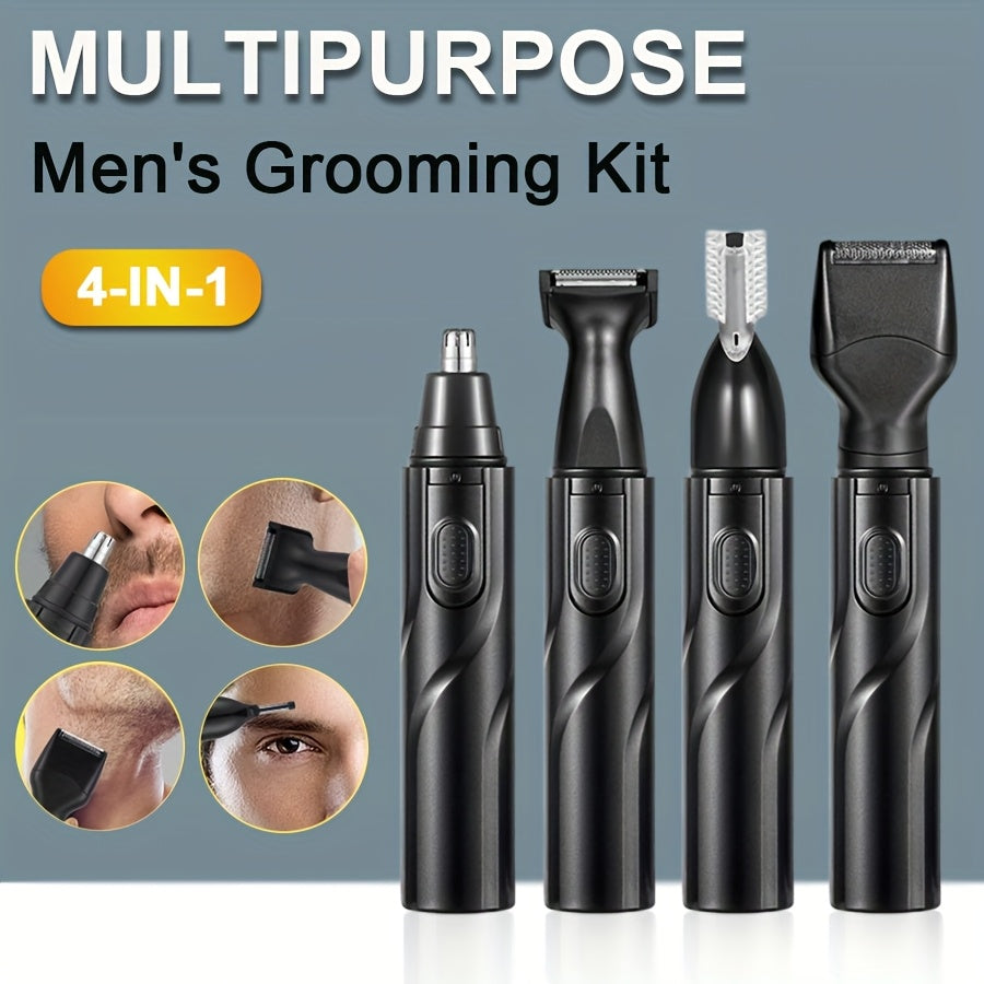 4-in-1 Professional Grooming Kit with Nose Hair Trimmer, Eyebrow Trimmer, Sideburns Trimmer and Fine Shaver, Men'S Personal Care Tools, Powered by 1 AA Battery (battery Not Included), Portable and Easy to Use, Best Gifts for Men