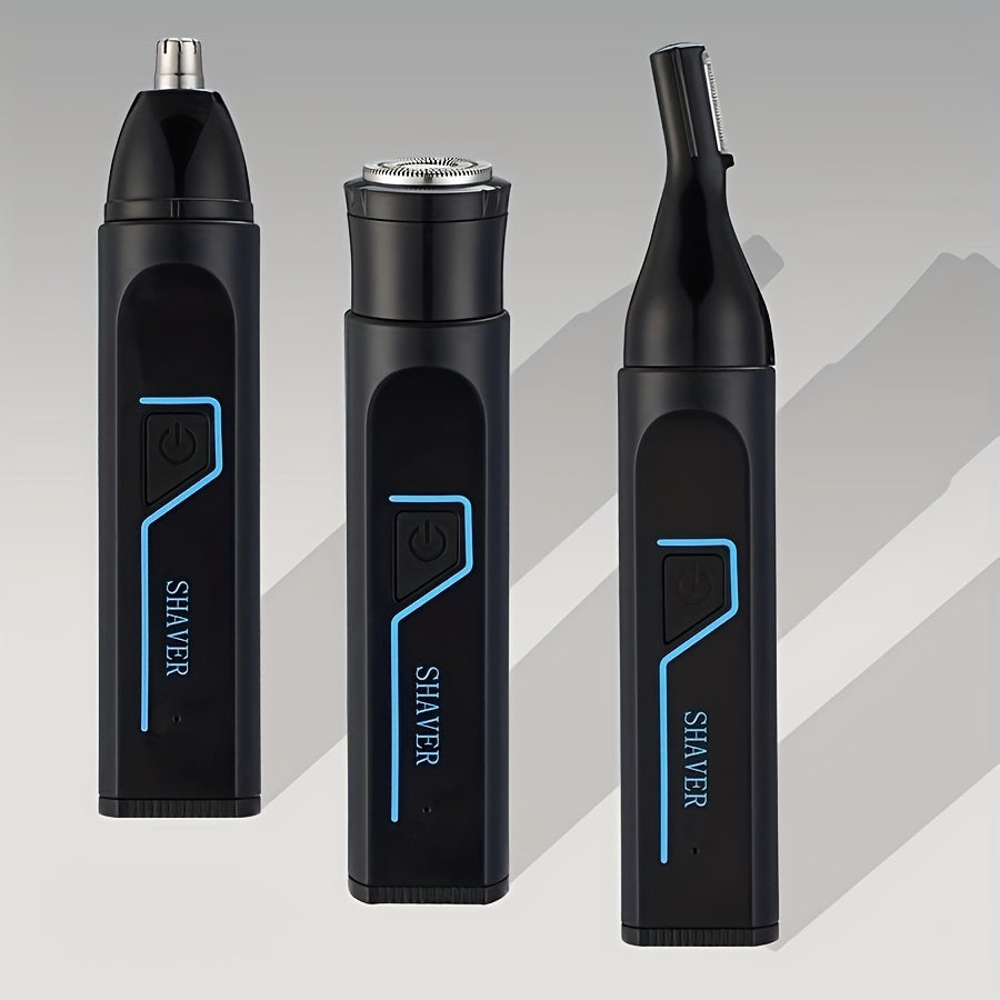 3-in-1 Men's Electric Grooming Kit: Nose, Ear & Brow Trimmer - USB Rechargeable with Cleaning Brush Included