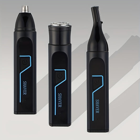 3-in-1 Men's Electric Grooming Kit: Nose, Ear & Brow Trimmer - USB Rechargeable with Cleaning Brush Included