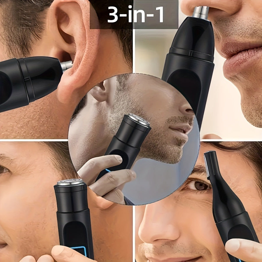 3-in-1 Men's Electric Grooming Kit: Nose, Ear & Brow Trimmer - USB Rechargeable with Cleaning Brush Included