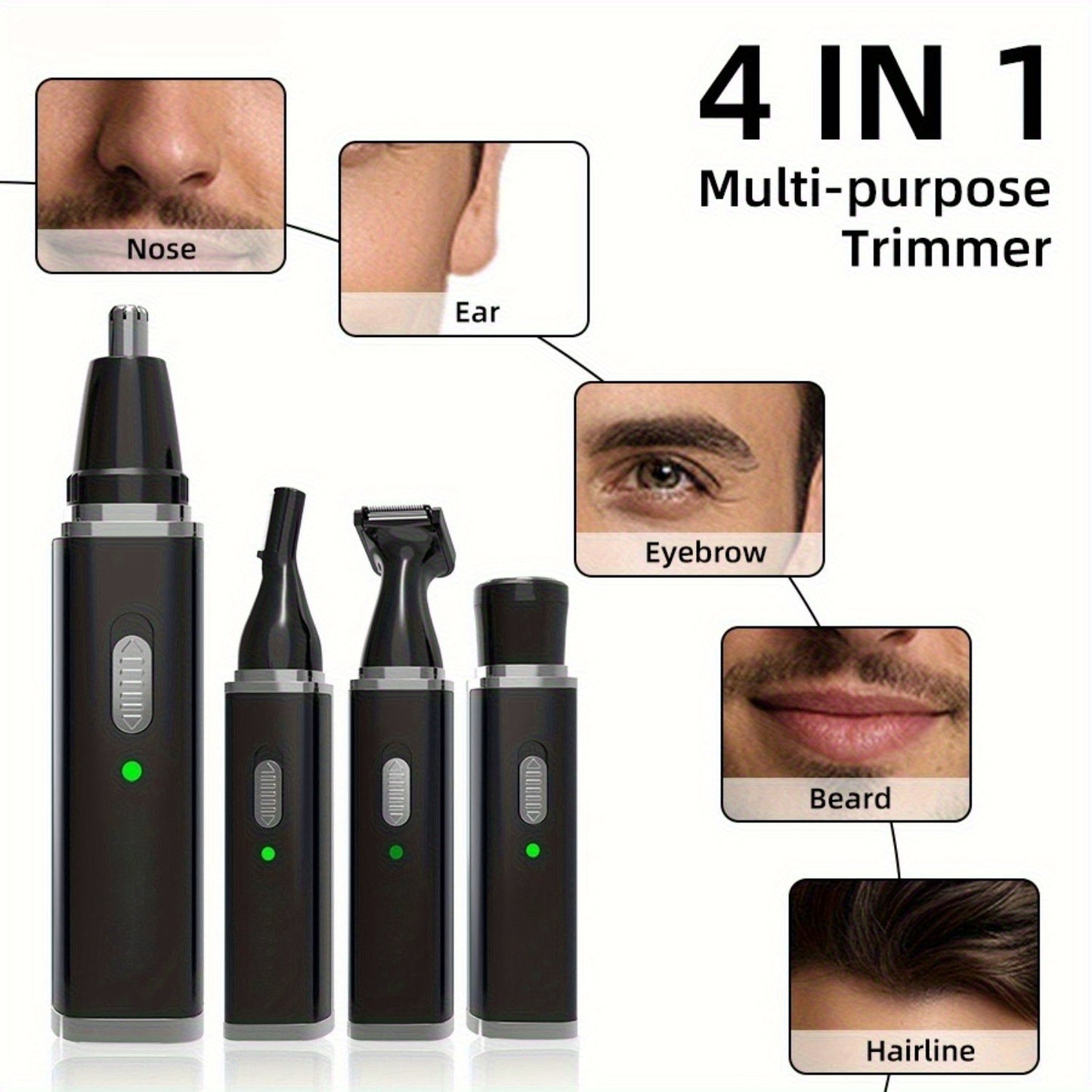 Nose and Ear Hair Trimmer for Men, 4-in-1 Rechargeable Trimmer for Nose, Ear, and Eyebrow Hair Removal, No Pulling, No Snagging, Easy to clean, gift for men